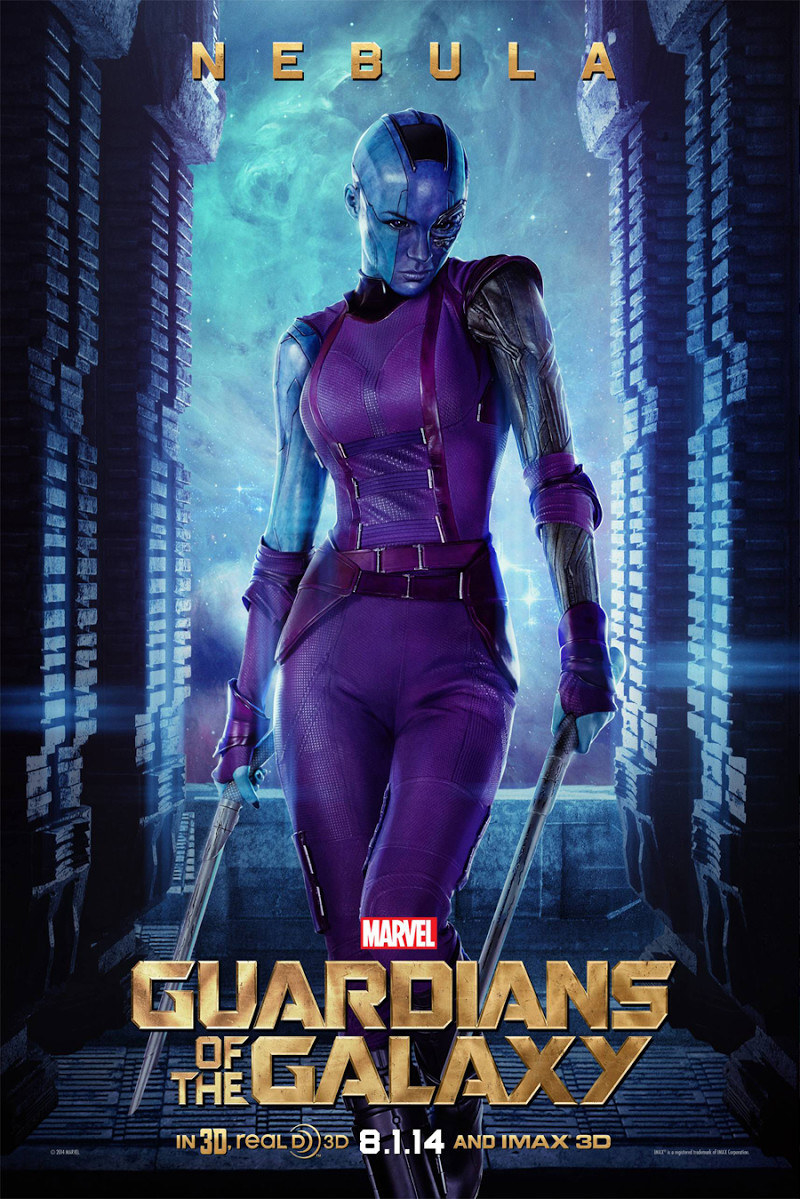Nebular wearing an all purple outfit, holding knives, wearing black boots. 