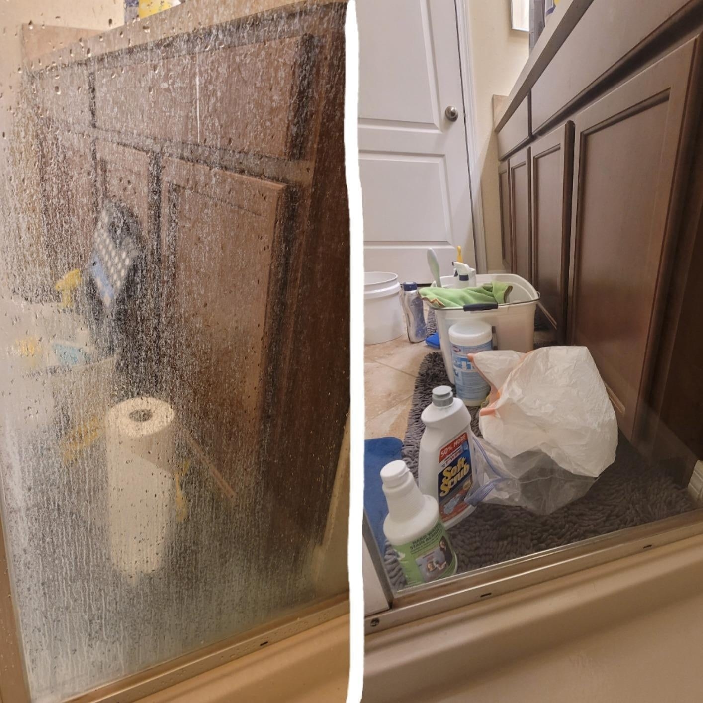 on left, water-stained clear shower door. on right, clear shower door after using the cleaner above