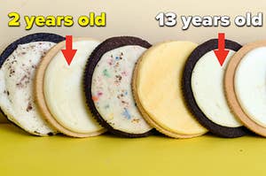 Oreos are sliced in half with "2 years old" on the left and "13 years old" on the right