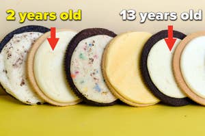 Oreos are sliced in half with "2 years old" on the left and "13 years old" on the right