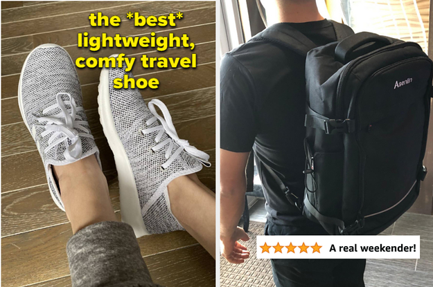 white sneakers on the left and a person wearing a black travel backpack on the right