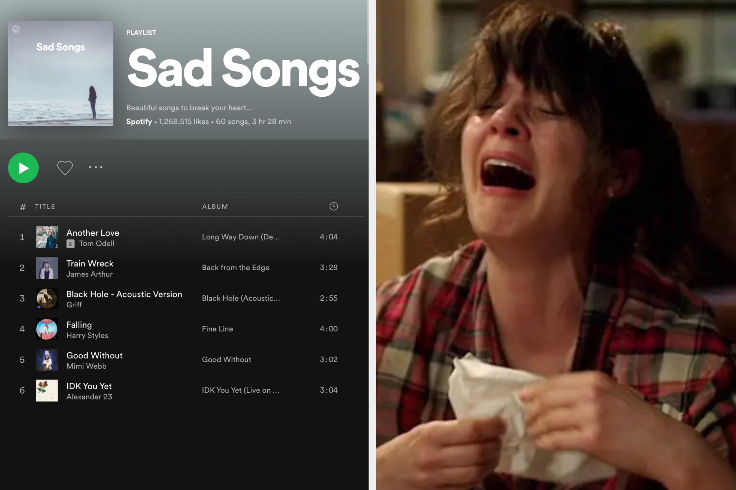 a spotify sad songs playlist on the left and jessica day from new girl crying on the right