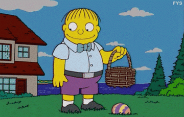 Ralph puts an easter egg in a basket with a hole in it, then picks it up again, excited