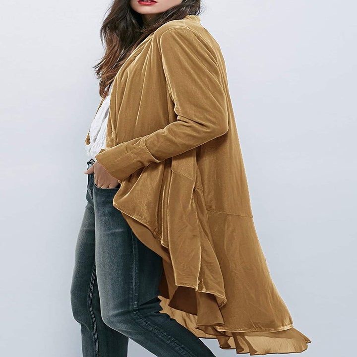 model wearing the jacket in a khaki color