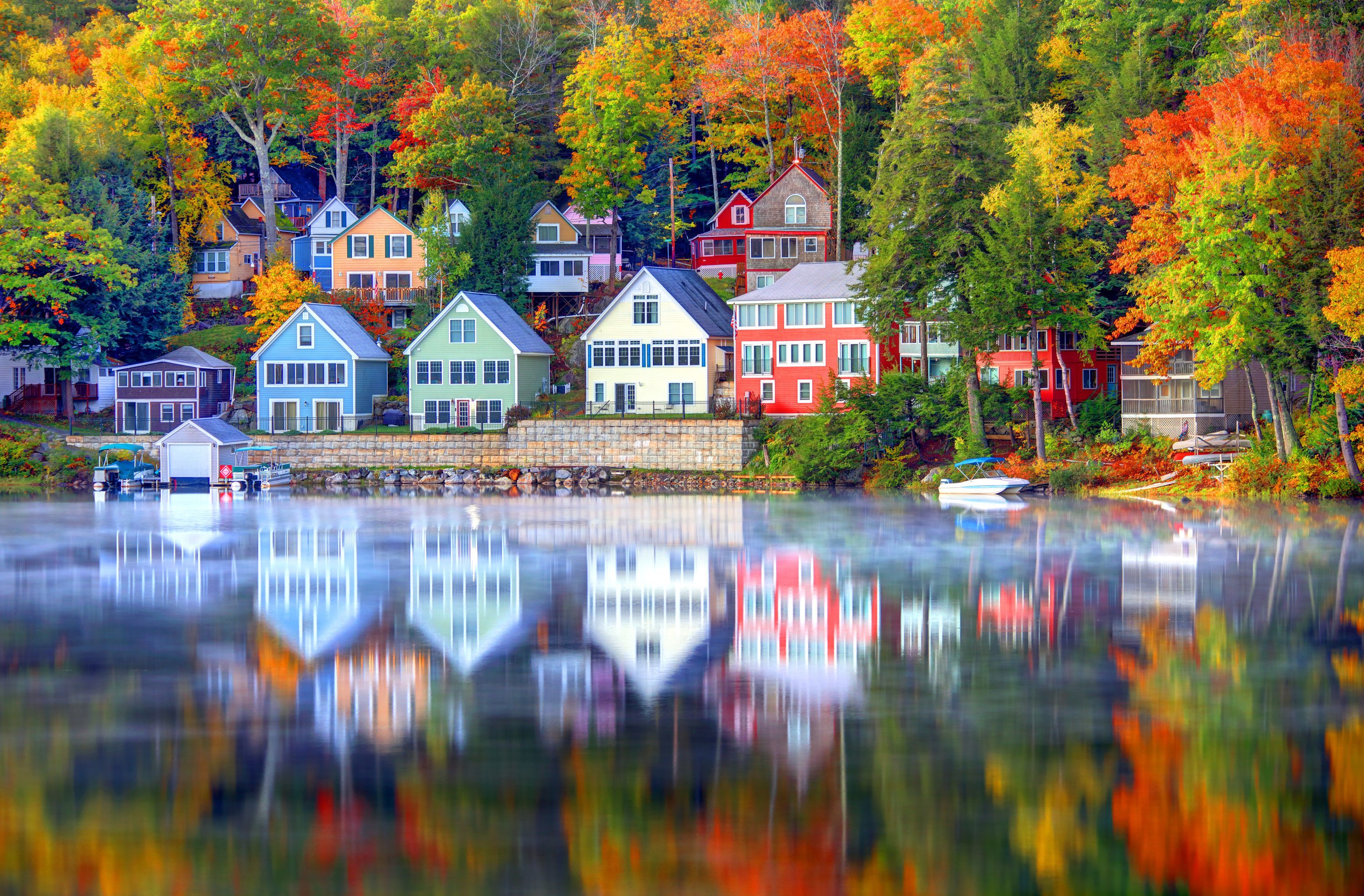 Colorful houses on the water in fall
