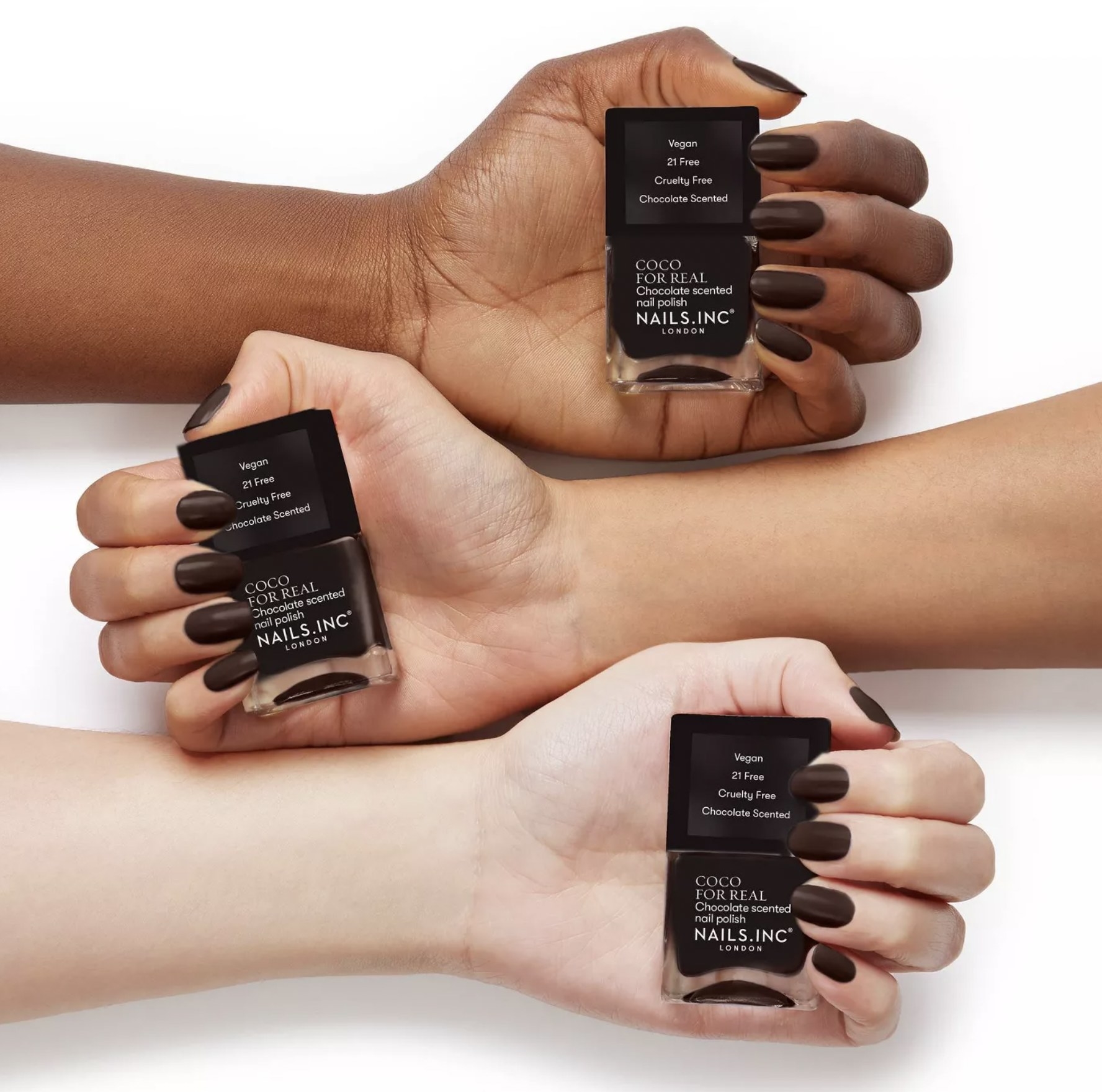 Three models hands holding Coco for real polish