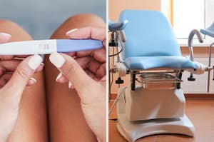 positive pregnancy test and chair for abortion procedure