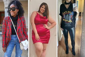 on left reviewer wearing a red plaid jacket, in middle reviewer wearing a red bodycon dress, on right reviewer wearing black faux leather leggings 