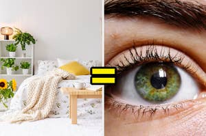 A minimalist bedroom with greenery = green eyes and brown hair