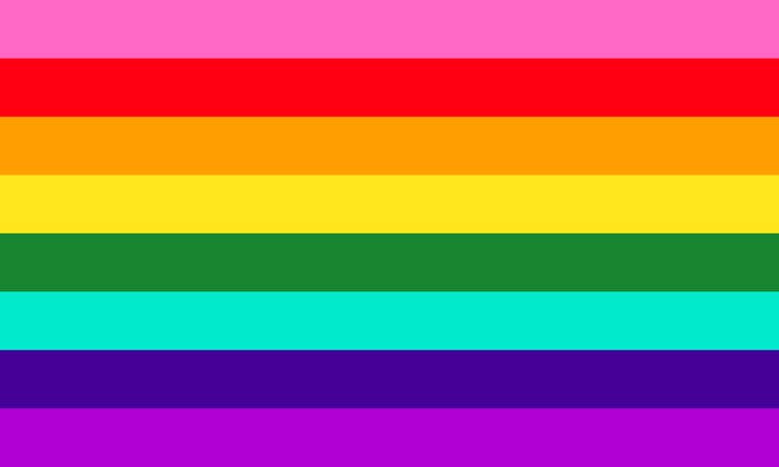 The eight striped gay pride flag with pink, red, orange, yellow, green, turquoise, blue, and purple