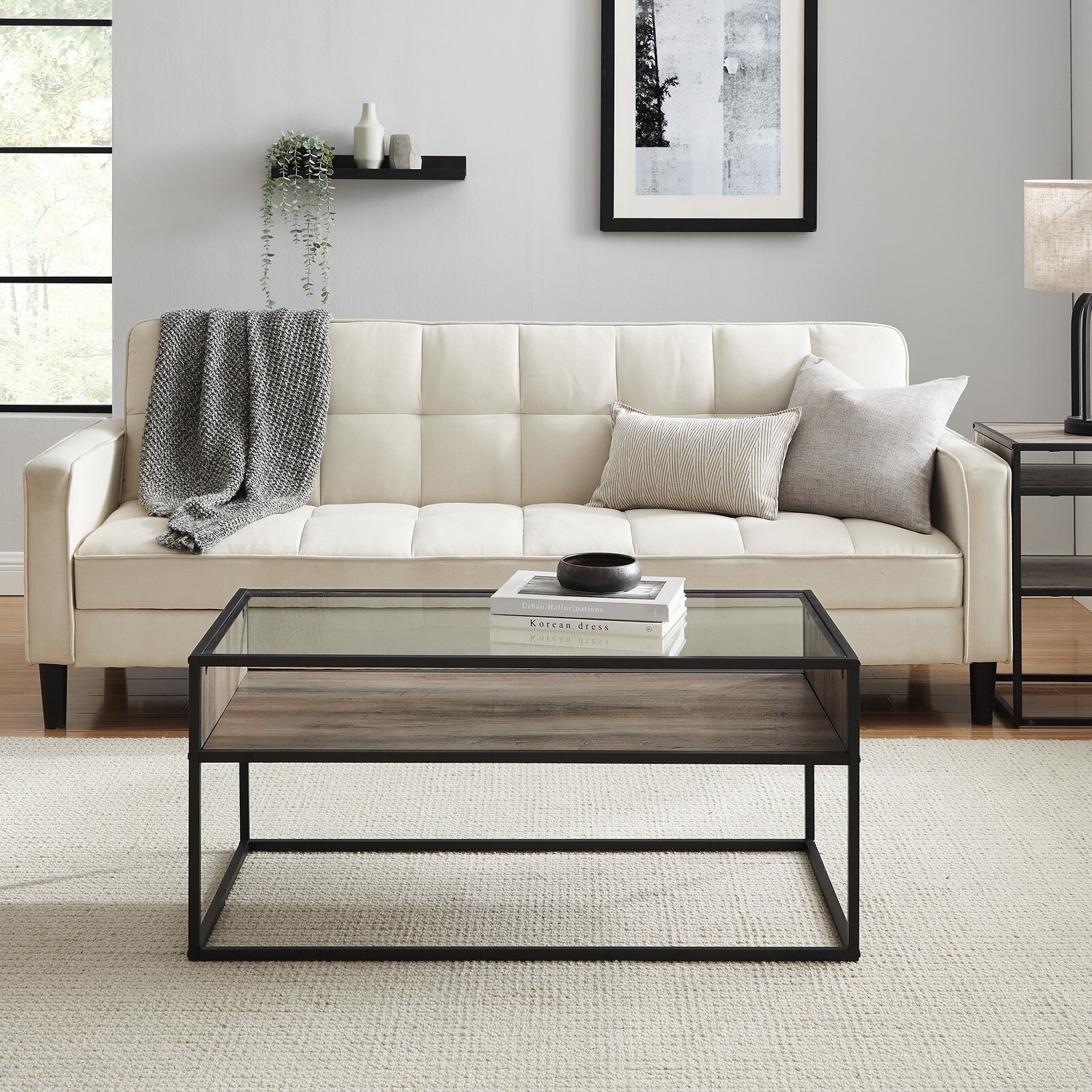 The gray wash tempered glass coffee table