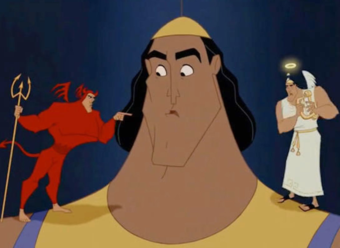 Kronk from &quot;The Emperor&#x27;s New Groove&quot; with an angel and a devil on his shoulders