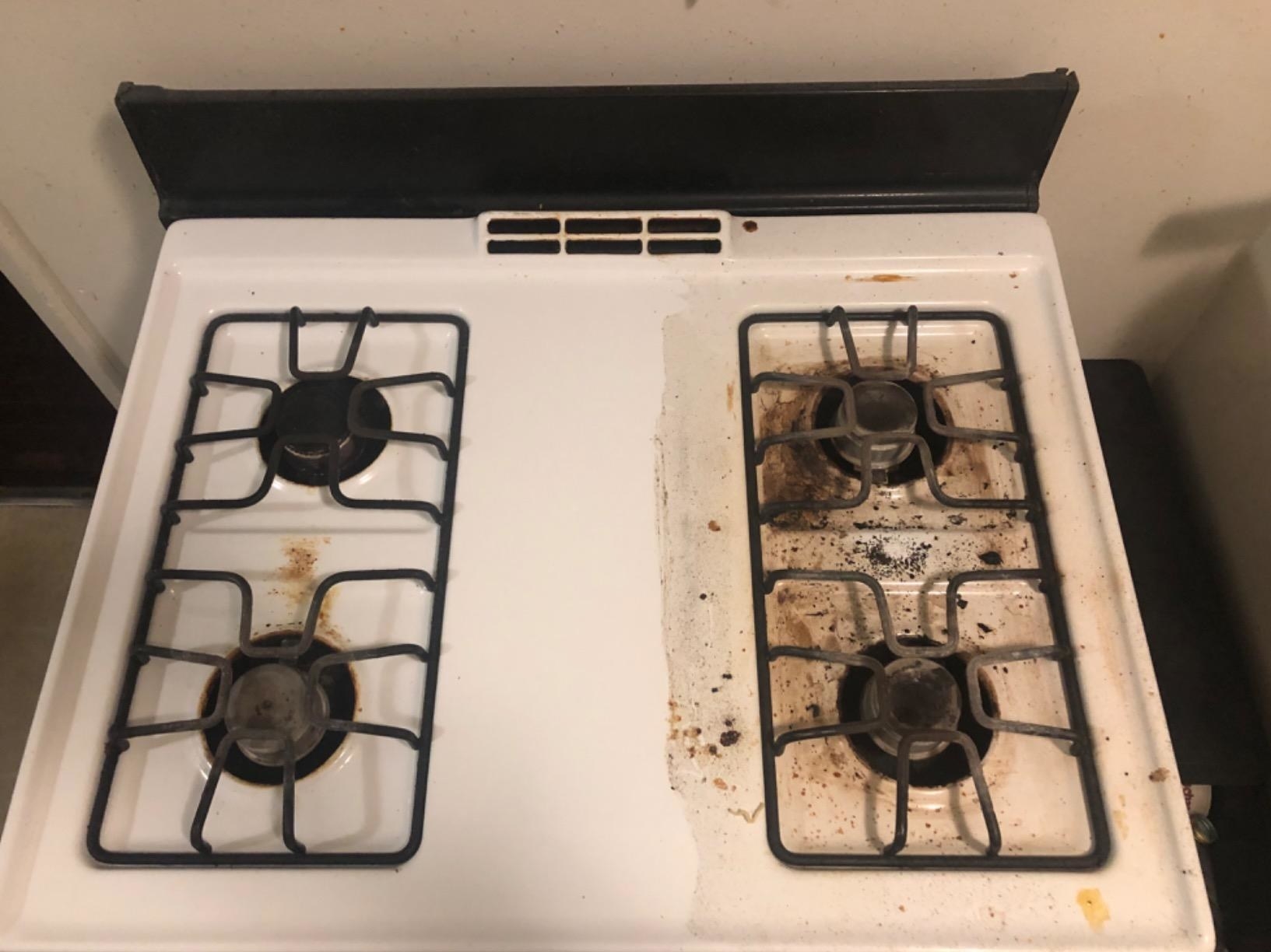 reviewer before and after of a dirty stovetop and clean stovetop