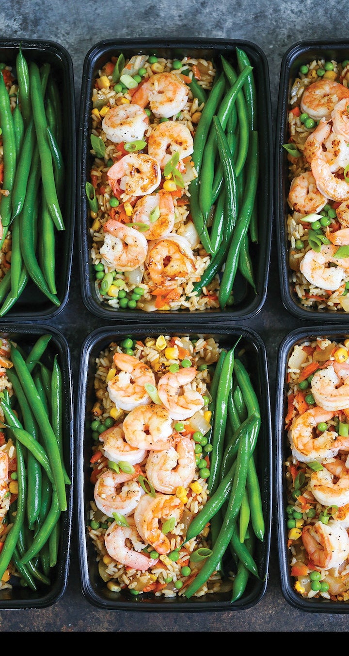 Shrimp fired rice bowls with vegetables.