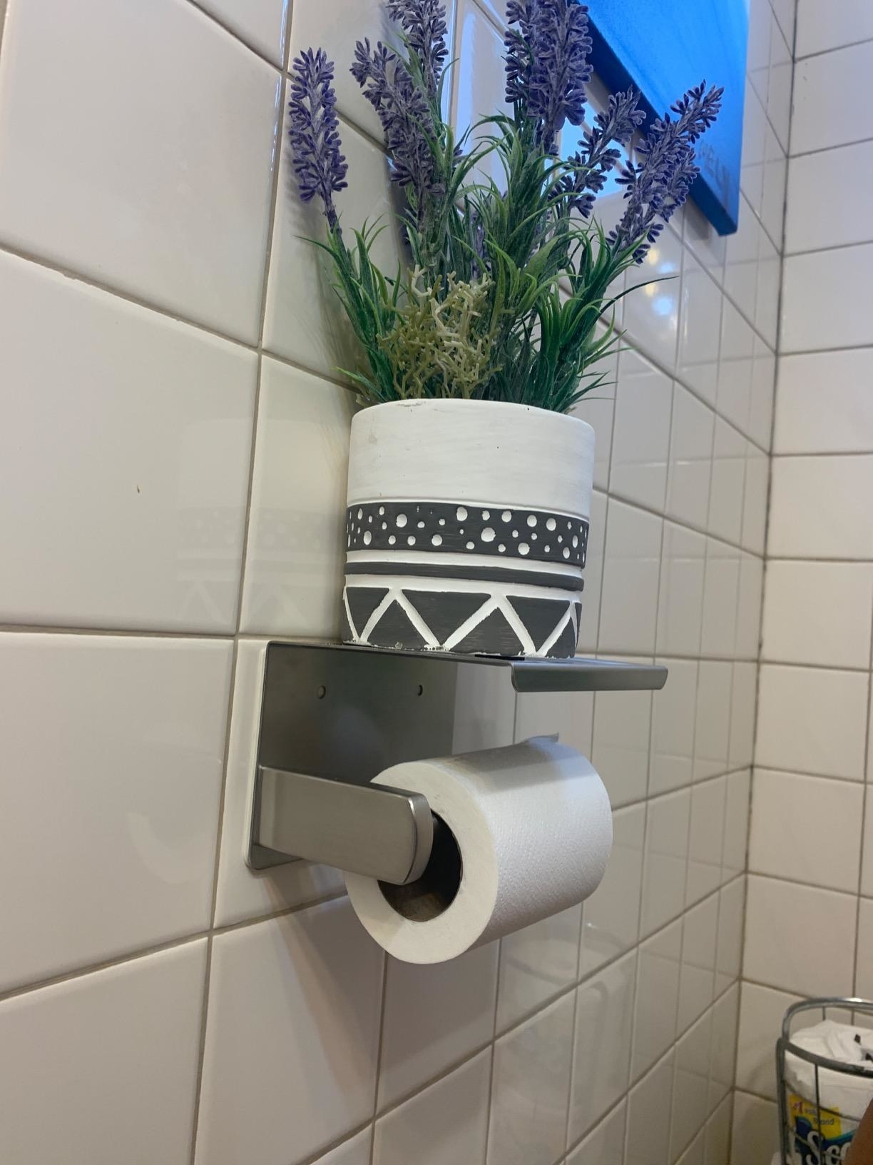 Reviewer photo of the stainless steel toilet paper holder with a shelf that has a potted plant on top