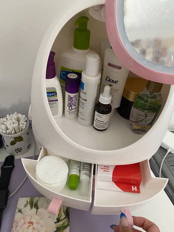 Reviewer's makeup organizer open, showing all the products inside