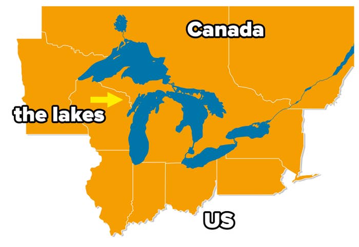 A map of the US–Canada border with the five Great Lakes