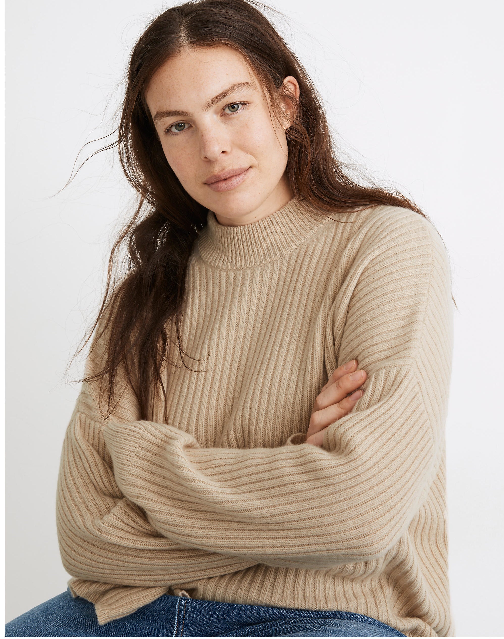 a ribbed cashmere mix mockneck camel colored sweater