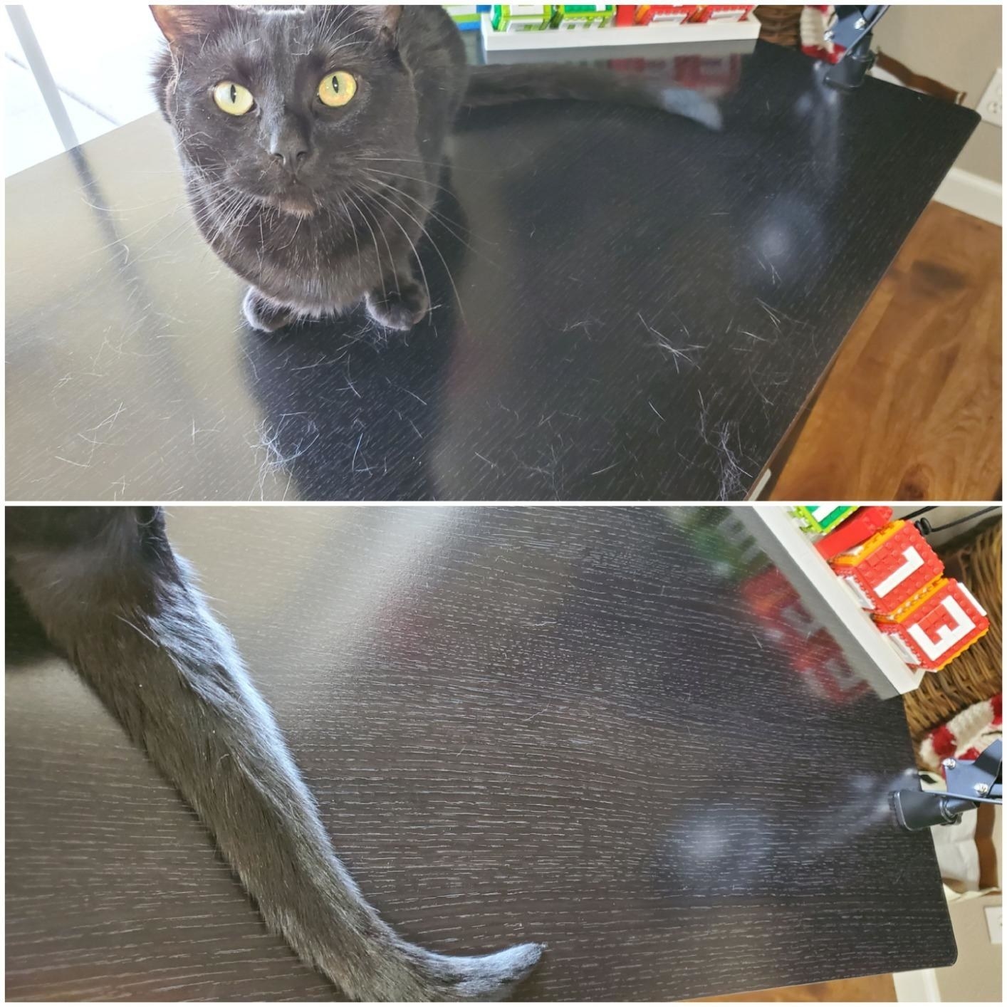 A reviewer before and after photo of a desk with cat fur and then without it