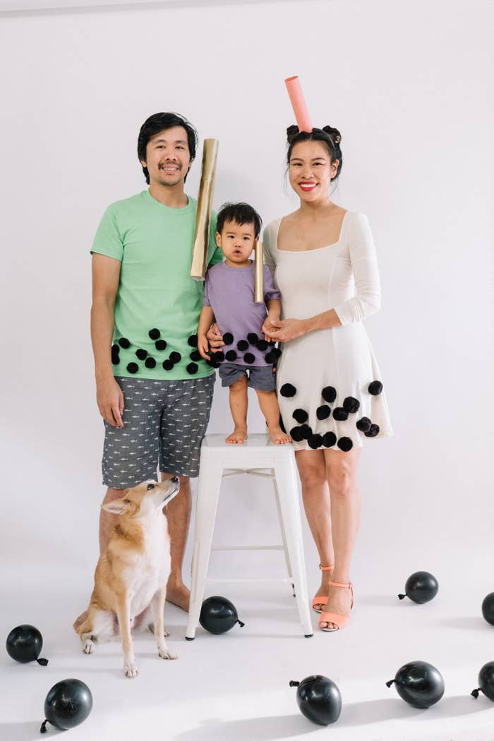 A family dressed as boba tea.