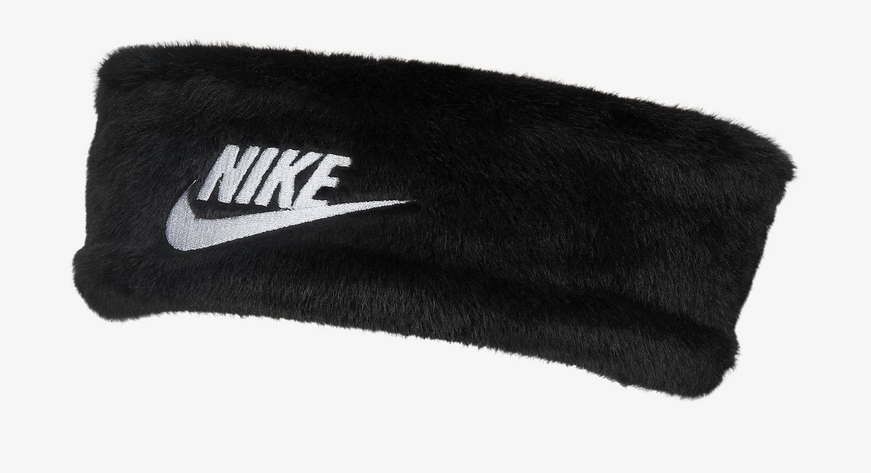 Black faux fur headband with "Nike" written in white and white Nike check