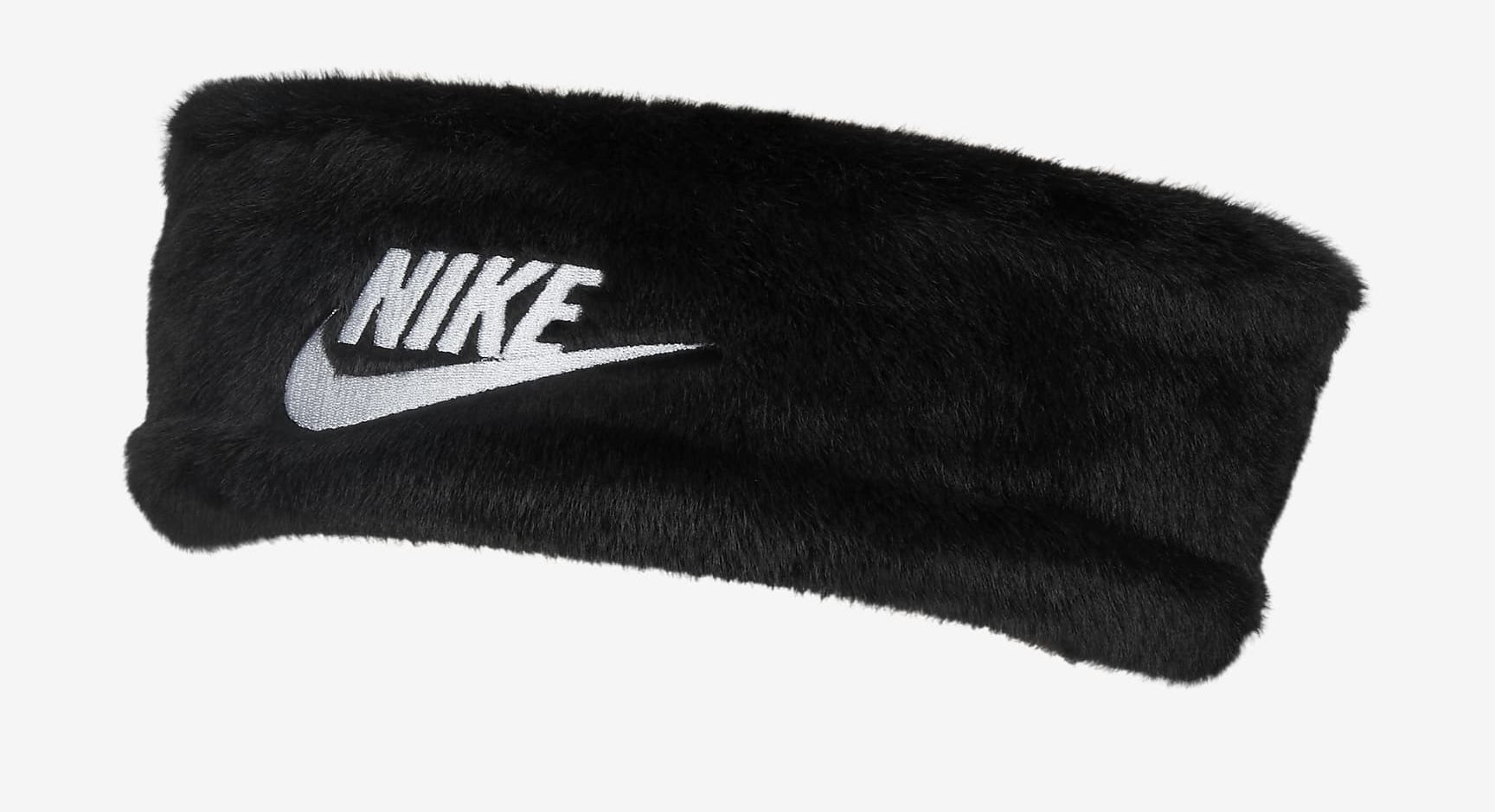 Black faux fur headband with &quot;Nike&quot; written in white and white Nike check