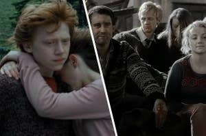 Hermione Granger hides her face in Ron Weasley's neck as they hug and Neville Longbottom sits next to Luna Lovegood after the Battle of Hogwarts