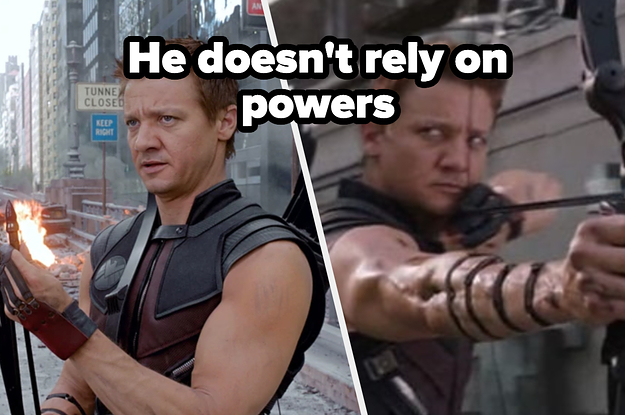 Clint Barton fiddles with the tips of his arrows and a close up of Clint Barton as he's about to shoot an arrow from his bow