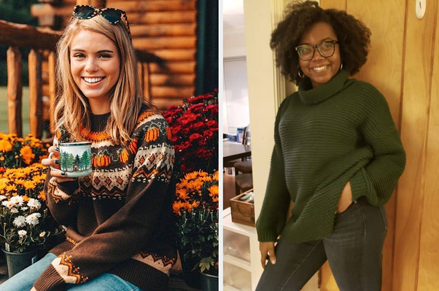 to the left: a pumpkin sweater, to the right: a reviewer in a green cowl neck sweater