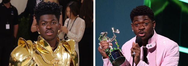 Lil Nas X at the 2021 Met Gala and Lil Nas X accepting an award at the 2021 VMAS