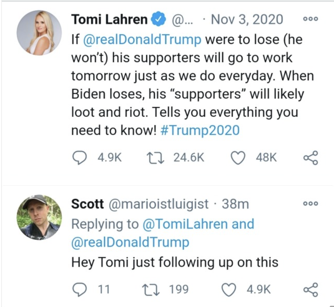 Tomi Lahren writes if Donald Trump loses, people will just go to work the next day, while if Biden loses, democrats would riot — after the capitol riots, someone replied &quot;hey tomi just following up on this&quot;