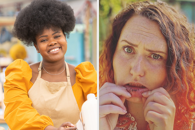 A female contestant from bake off wears a bright yellow blouse and looks down the camera smiling and another female contestant takes a selfie showing a lip tattoo that says cake