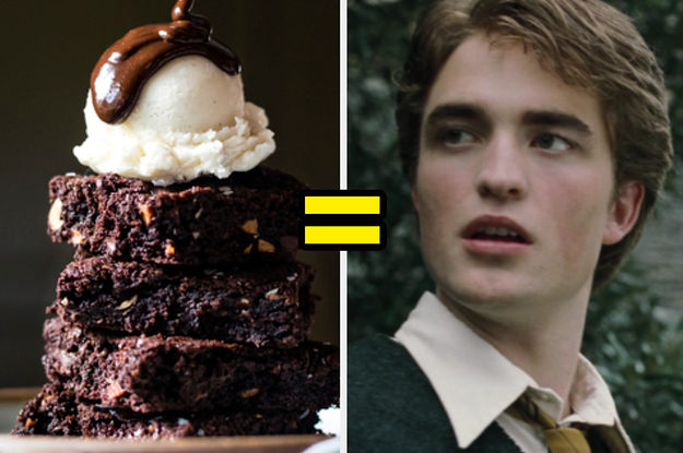 Chocolate sauce is being poured onto top of a scoop of ice cream on a pile of brownies and a close up of Cedric Diggory with his mouth slightly open