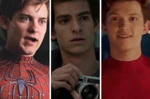 Toby McGuire wears the Spider-Man suit, a close up of Andrew Garfield as he holds a film camera, and Tom Holland wears the Spider-Man suit