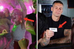 Young people dancing in a nightclub and a bartender checking ID