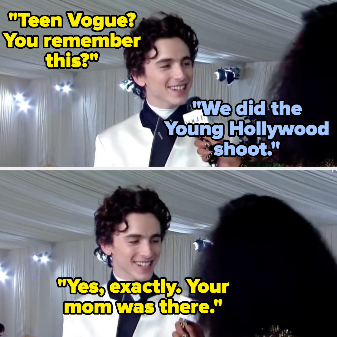 A smiling Timothée tells Keke that they met at the Teen Vigue Young Hollywood shoot and that her mom was there