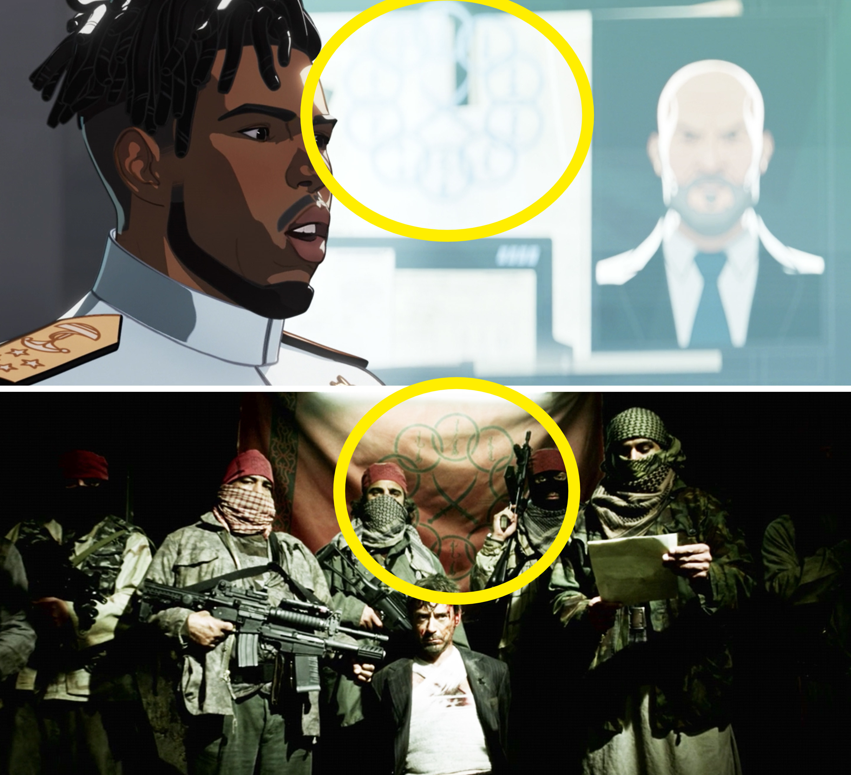 A close-up of the Ten Rings logo behind Killmonger vs. the same logo behind Tony in Iron Man