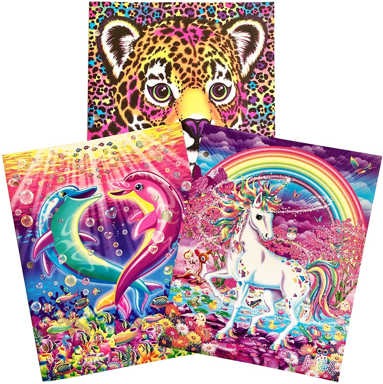Photo of colorful Lisa Frank folders on a white background