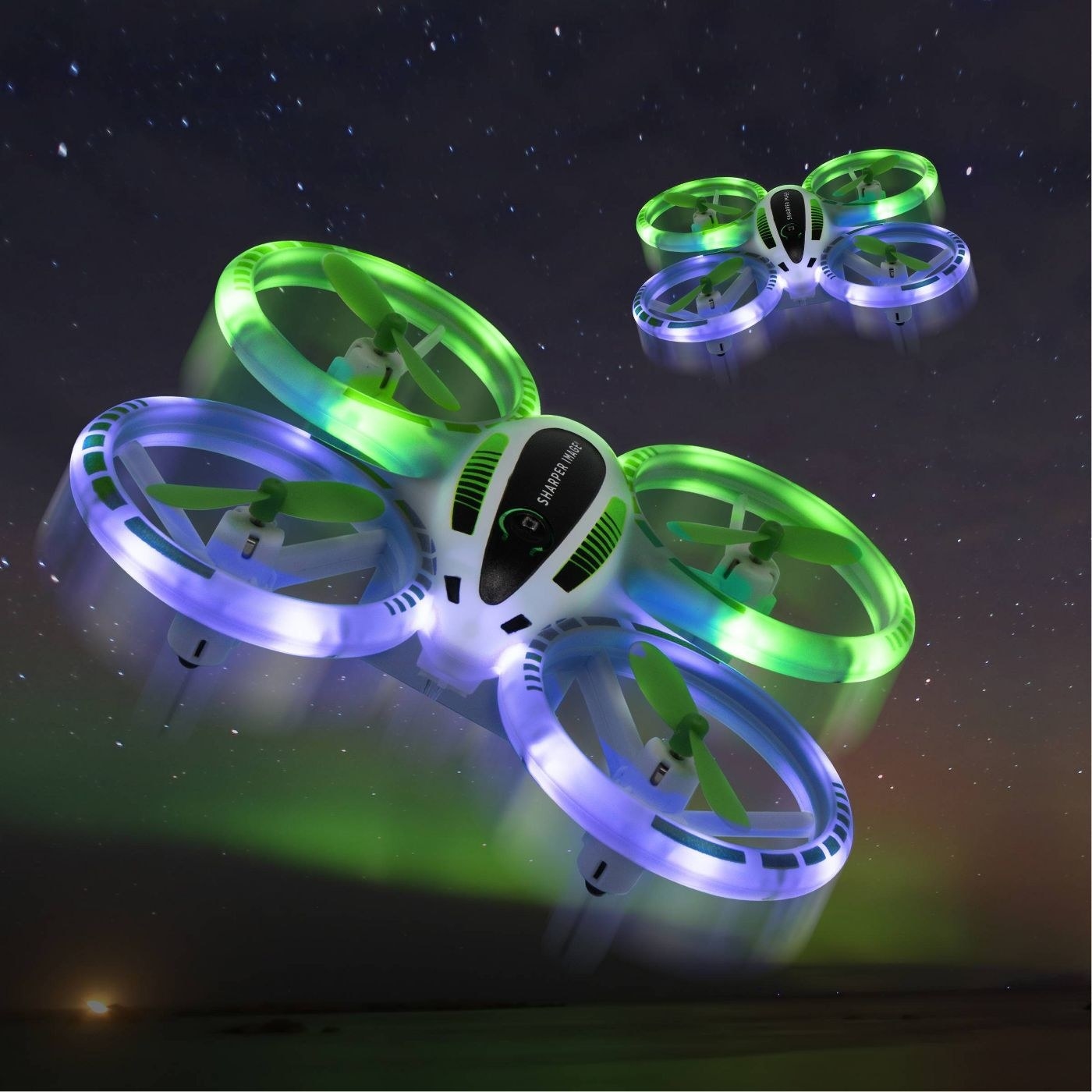 A light-up drone flying at night