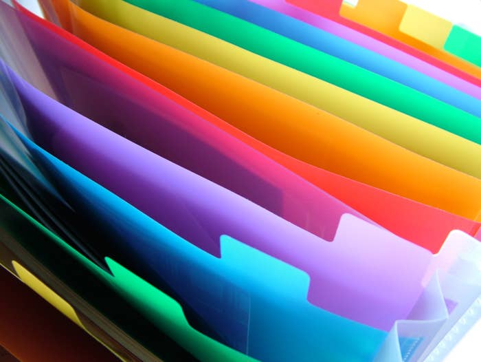 Close up photo of colorful vinyl organizational files