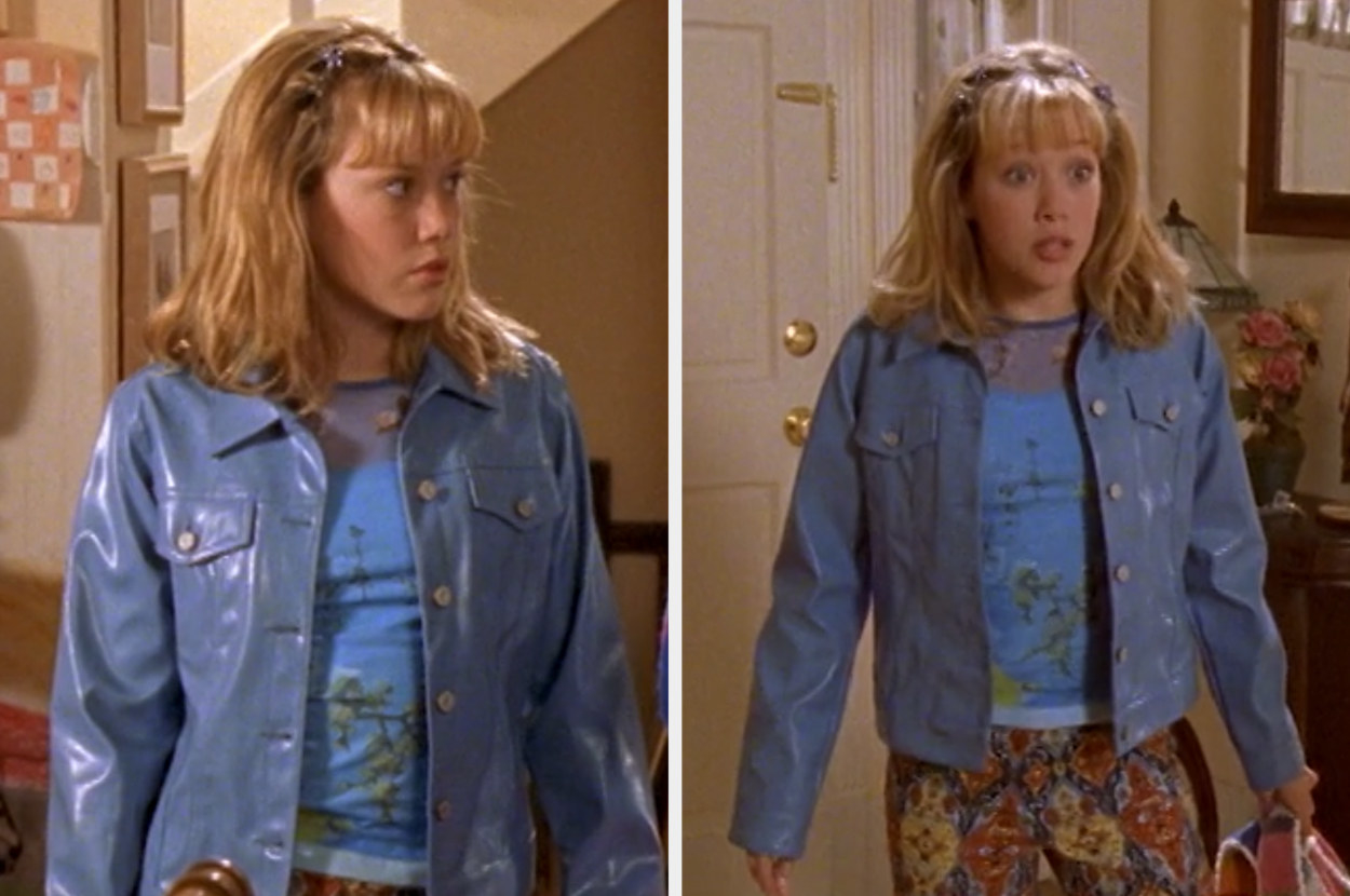 Lizzie wearing a faux leather jacket, net shirt and patterned jeans