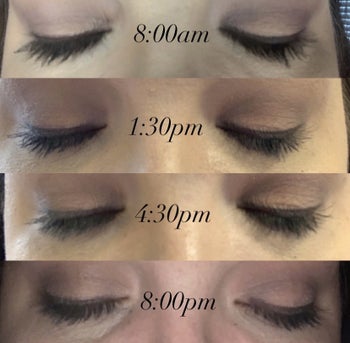 from top to bottom: eyeshadow on reviewer's eyelids stays in place from morning to night