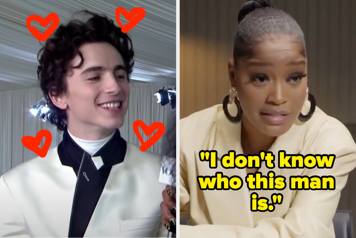 Timothee Chalamet on the red carpet and Keke Palmer doing a lie detector test saying 