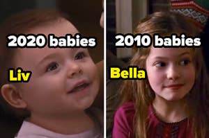 "2020 babies" next to "Liv" and "2010 babies" next to "Bella"