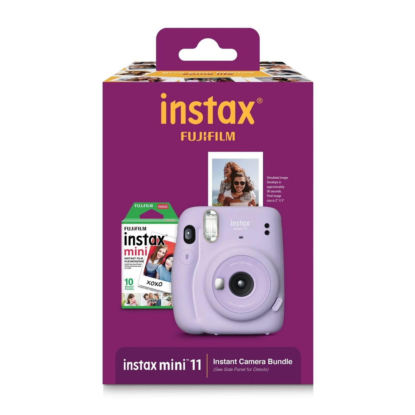 Purple Instax mini camera with film