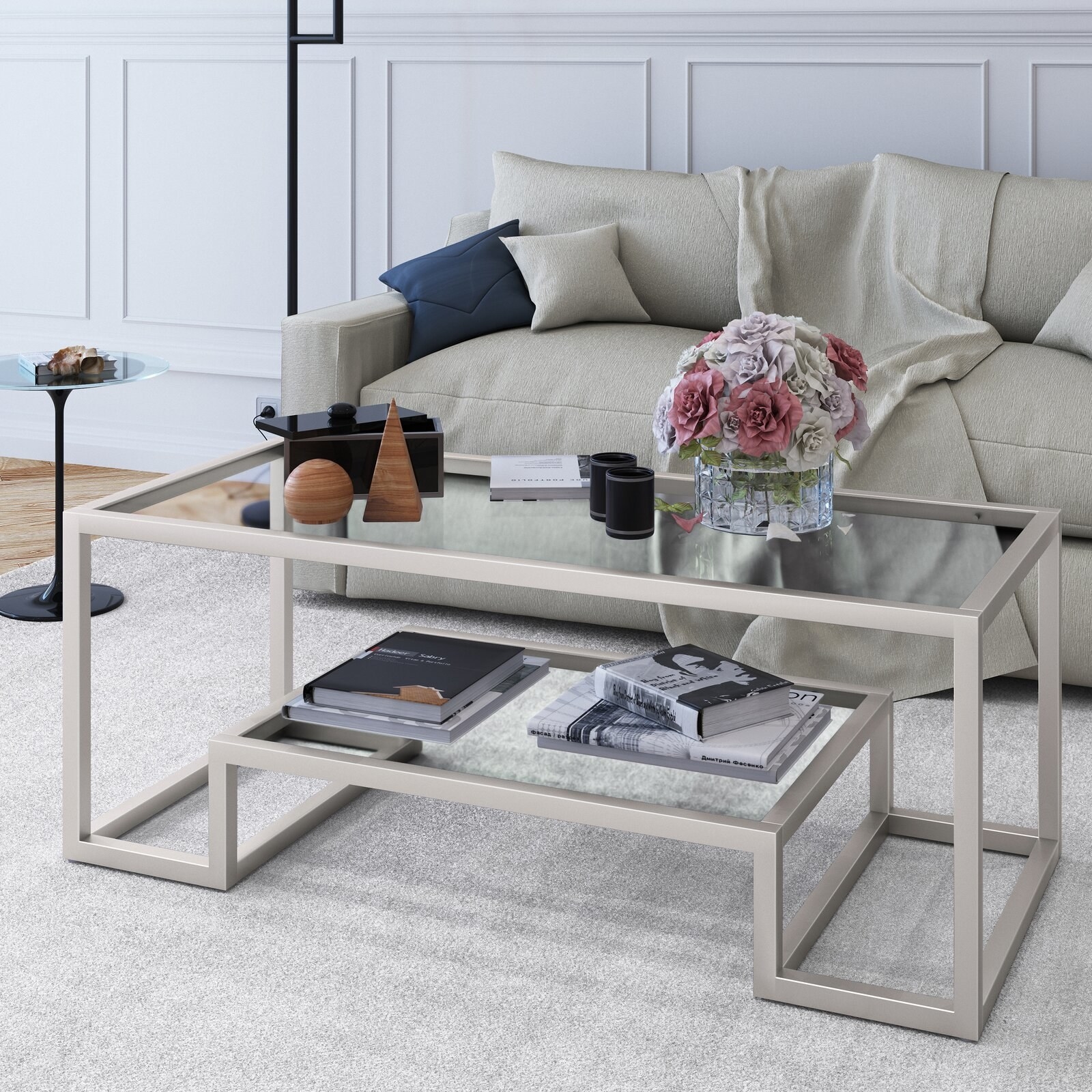 The satin nickel frame coffee table