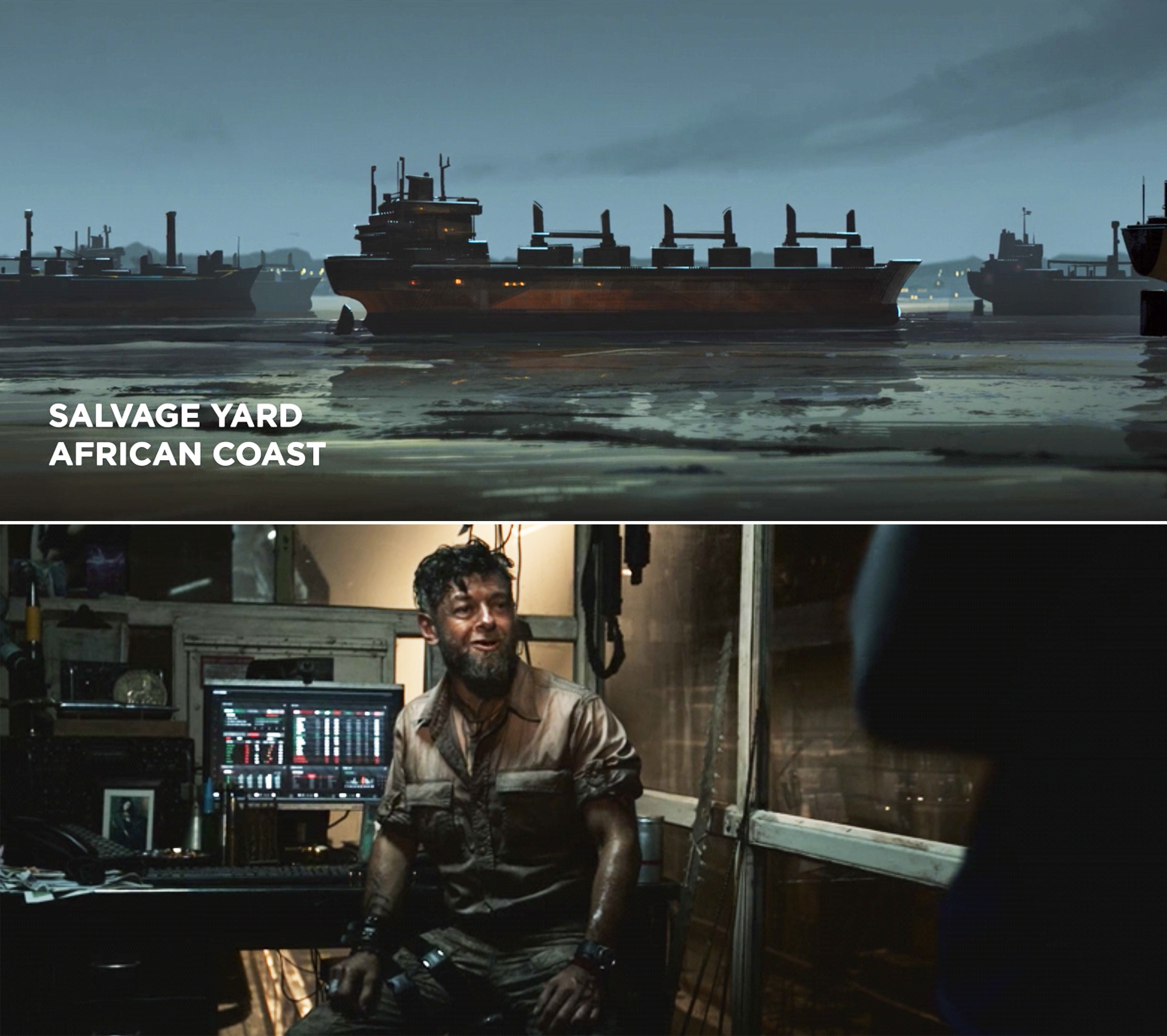 A boat on the water with a lower third reading &quot;Salvage yard. African coast&quot;