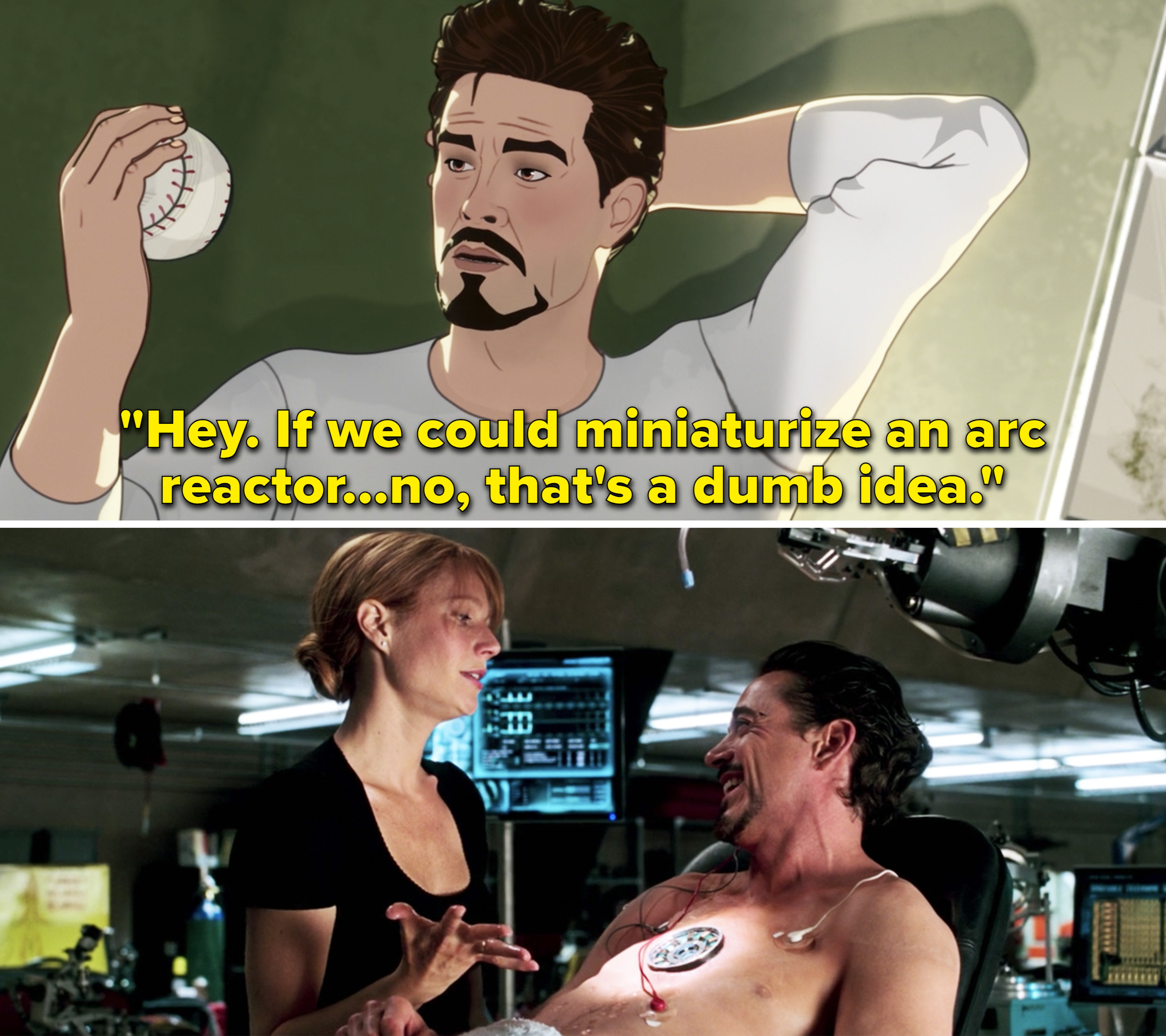 Tony saying, &quot;If we could miniaturize an arc reactor. No, that&#x27;s a dumb idea&quot;