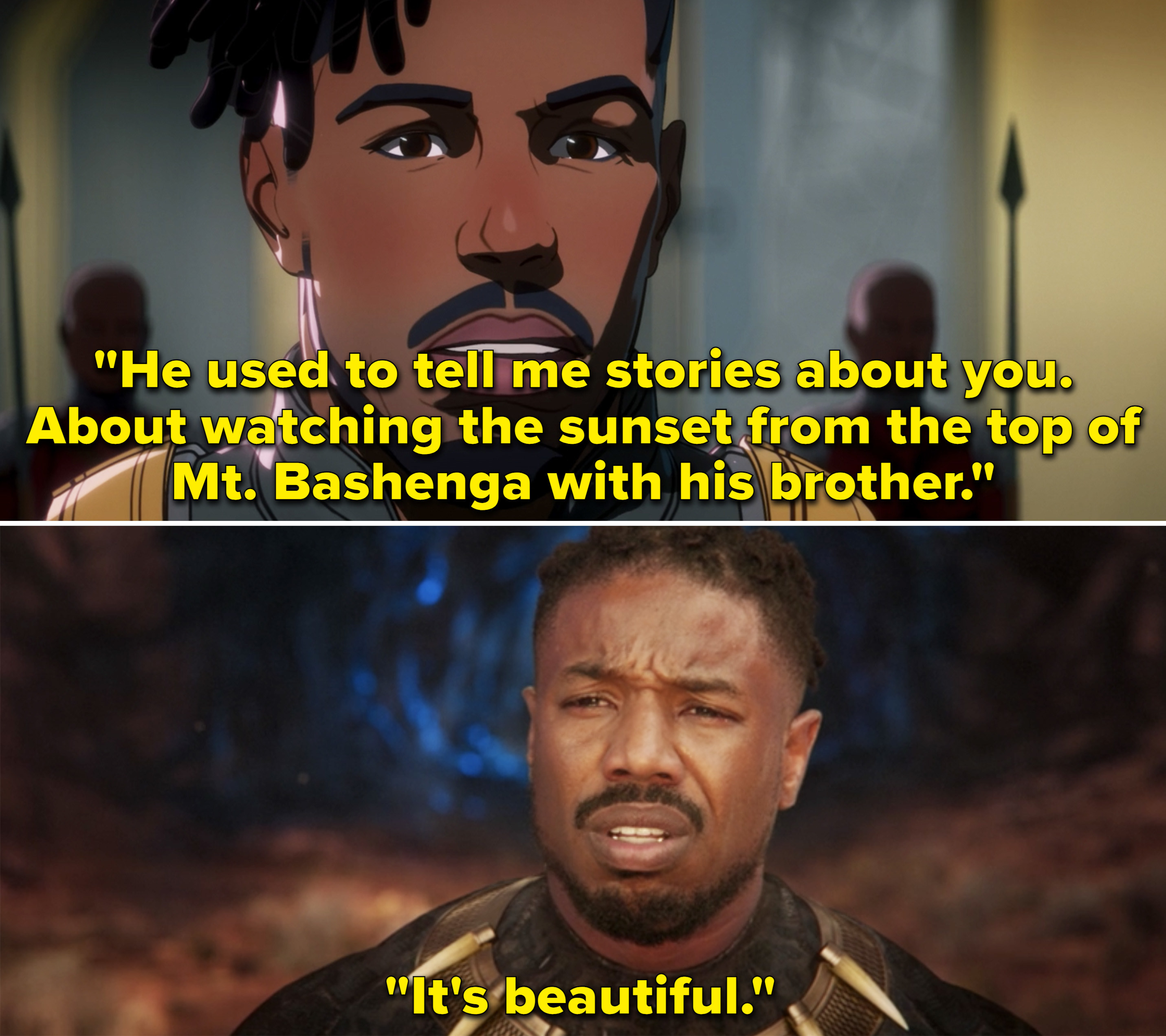 Killmonger saying, &quot;He used to tell me stories about you. About watching the sunset from the top of Mt. Bashenga with his brother&quot;