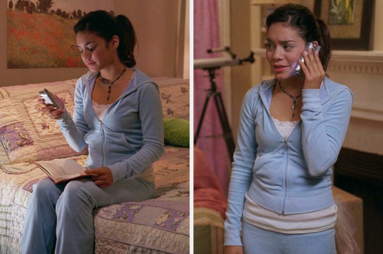Gabriella wearing a velvet matching sweatsuit with a lacy tank underneath
